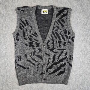 VTG 80s Le Tigre Abstract Cardigan Sweater Vest Mens L Black Gray Made in USA
